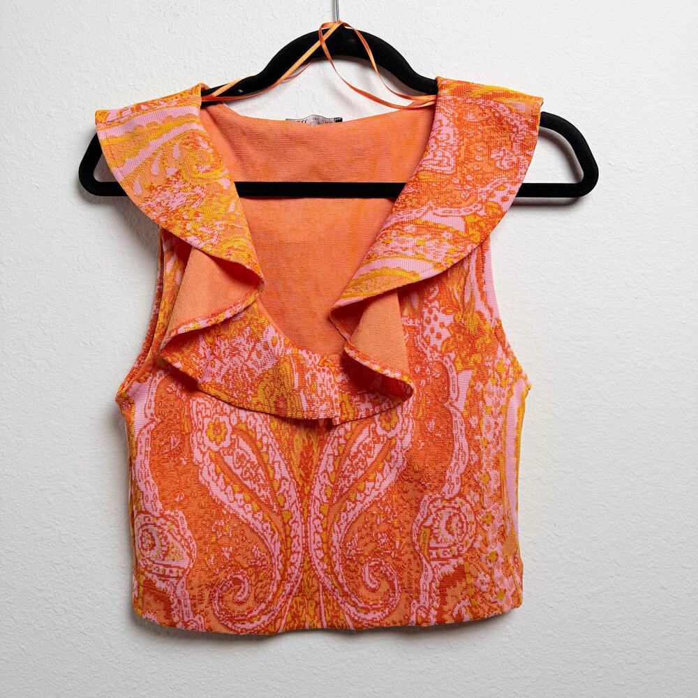 Zara Floral Crop Top Orange Pink Ruffle Blouse Amalfi Summer Fitted